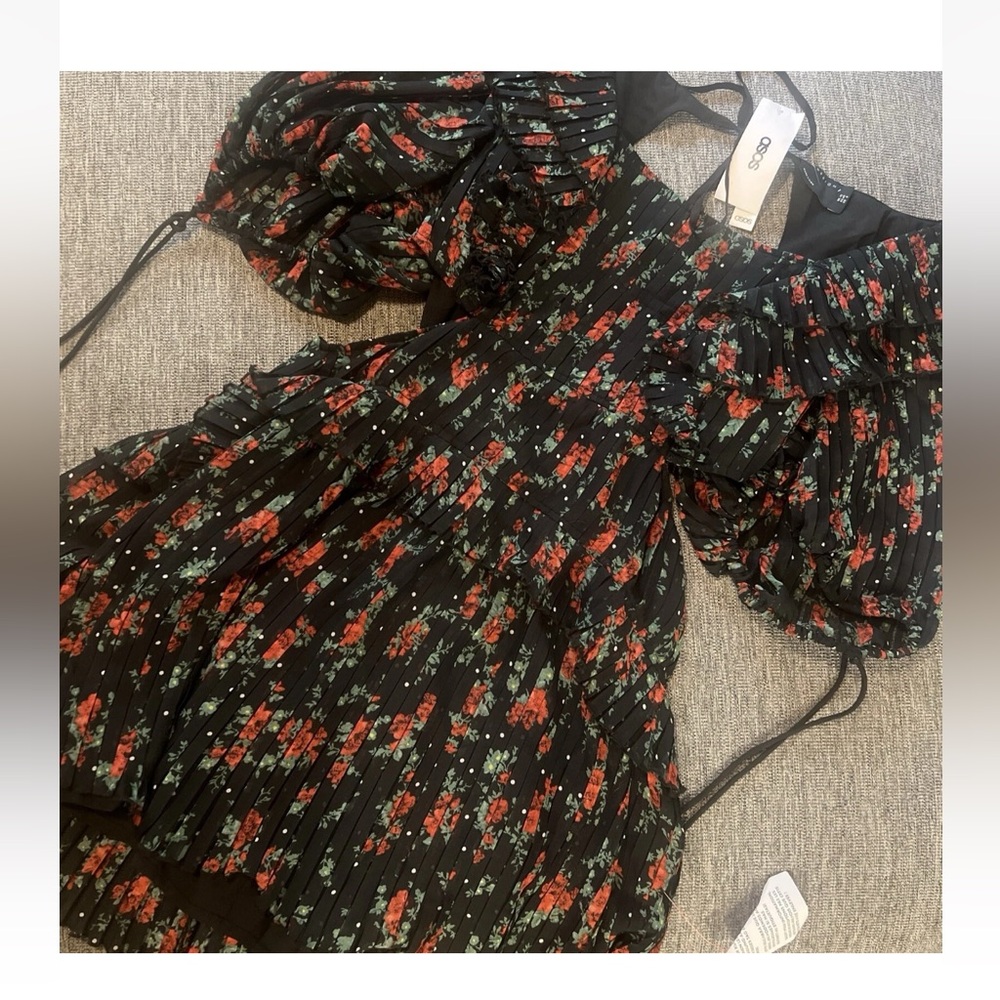 ASOS DESIGN pleat mini dress w/ ruffles rose floral print Sz 8 NEW
